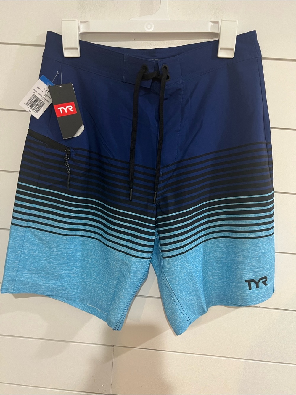 TYR Men’s Navy and Light Blue Striped Board Shorts